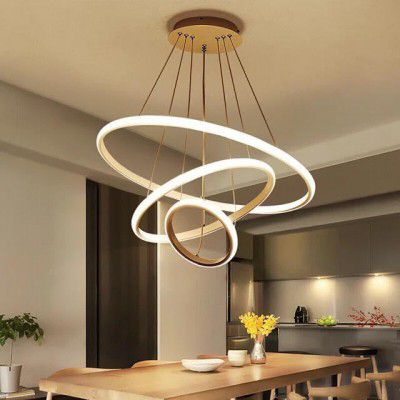 SHRI MAHAL ANTIQUES Modern Double 3 Ring LED Chandelier Lamp (Warm White, Gold)