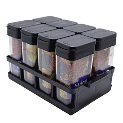 Shuban Plastic Masala Spices Container Set Capacity With Airtight Lid Kitchen Pantry Organizer For Salt Mukhwas Box With Tray (125 Ml -8 Pcs Black Color)