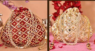 shubhkariya 3-Layer Silk Traditional Mirror Work Clutch Potli Batwa Pouch Bag for Women/Girls Womens Potli (Gold & maroon) packof 2