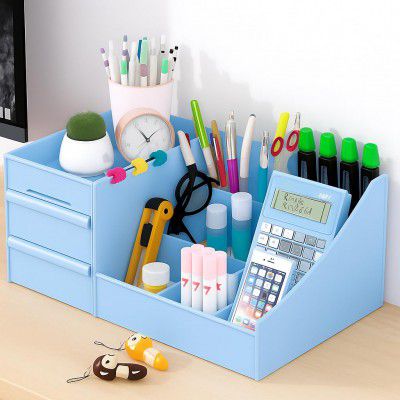 SHUTTLE ART Desk Organizer, Plastic Desktop Organizer | 7 Compartments with 2 Drawer (Blue)