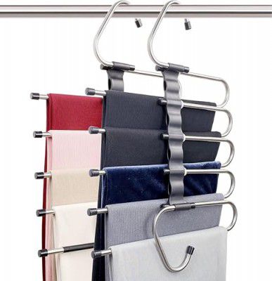 Shynora (2-Pack) Multipurpose 5 in 1 Hanger for Pant, Stainless Steel Fordable Hangers for All Types of Clothes, Multilayer Pant Hanger for Wardrobe, Multipurpose Hanger Organizer for Home (Black)