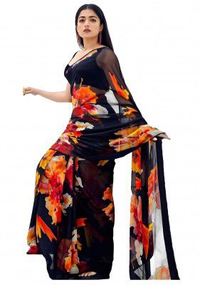 Sidhidata Women's Floral Printed Georgette Saree With Unstitched Blouse Piece (Rashmika Black Saree)