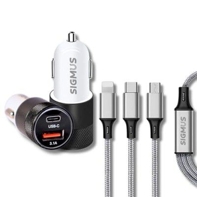 SIGMUS 38 Watt car Charger Adaptor with SIGMUS 3 in 1 Nylon Braided Cable for All Type of Smartphones and Devices(Black & White)