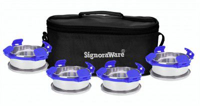 SignoraWare 350ml+350ml+350ml+350ml All Steel Double Decker Bright Lunch Box with Bag (Set 4 Violet)