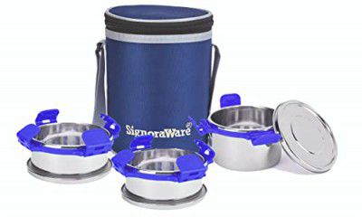 SignoraWare 500ml+350ml+350ml All Steel Executive Big Lunch Box with Bag (Set of 3 Violet)