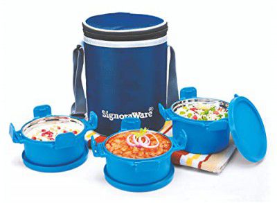 SignoraWare 500ml+350ml+350ml Smart Microwave Safe Twin Executive Big Stainless Steel Lunch Box with Bag (Set 3 Blue)