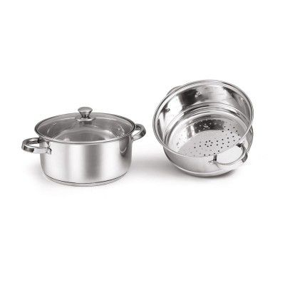 SignoraWare All Rounder Stainless Steel Induction Bottom Steamer/Modak/Momo Maker with Glass Lid (20cm) 2 Tier, Set of 1, Multicolour