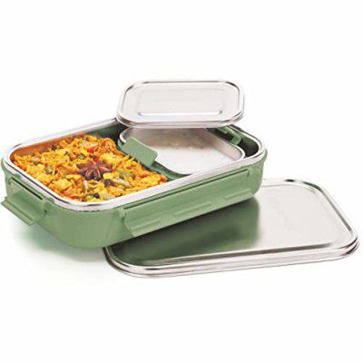 Signoraware All Steel Big Stainless Steel Lunch Box with Steel Lid (650 ml, 175 ml, E Green) -Set of 2