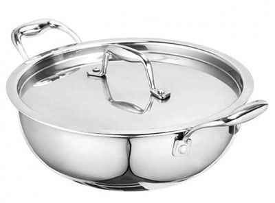 Signoraware Artista Tri-Ply Stainless Steel Induction Compatible Extra Deep Triply Kadhai with Stainless Steel Lid, 22cm, Capacity 2750 ml, Silver