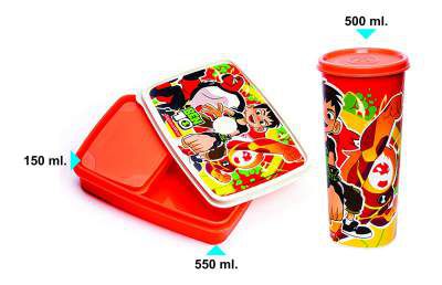 Signoraware Compact Lunch Box (Ben 10 Green) with Tumbler, 100ml+100ml+850ml & 500ml Tumbler, Set of 4, Red