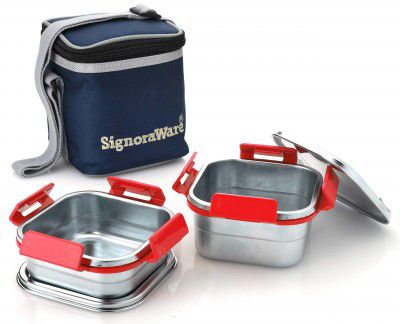 Signoraware Director Squarex Steel SMALL Lunch Box with 100% Steel lids and Bag, 500ml+350ml, Set of 2