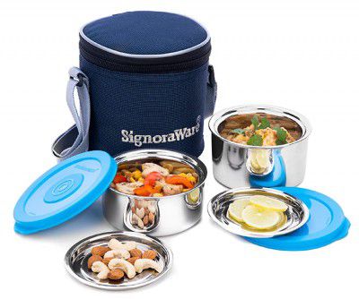 Signoraware Executive Stainless Steel Double / Twin Wall 0.5 mm Thickness Small Lunch Box (350 ml, 260 ml, Blue) -Set of 2, 2 Cover Plates