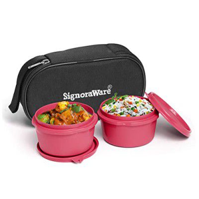Signoraware MicroSafe Midday Steel Lunch Box (350ml+350ml), Set of 2, Red, Standard