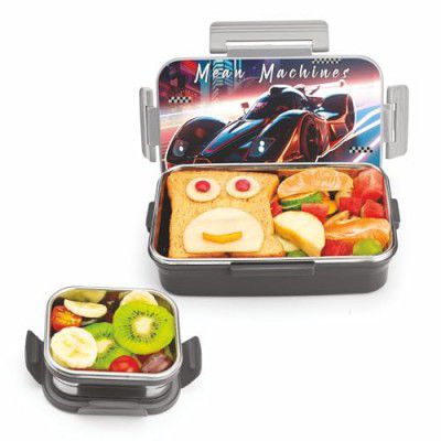 Signoraware Printed Nugget Puff Insulated 700ml+130ml Warm Compact Lunch Boxes for Men Women Kids with Puff Insulated Lid with Clip Lock/Air Tight Spill Proof/Food Grade Bpa Free (Rectangle|Black)