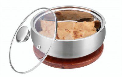 Signoraware Roti Server Stainless Steel Casserole with Coaster/Plate with Glass Lid, Insulated Thermal Serving Bowl