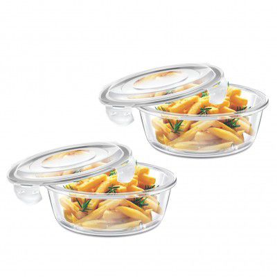 Signoraware Safe Store Glass Round Containers | Airtight & Leakproof | Microwave Safe | Ideal for Reheating, Baking or Serving | Best for Office Lunch & Outdoor Activities (400mlx2 | Setof2 | Clear)