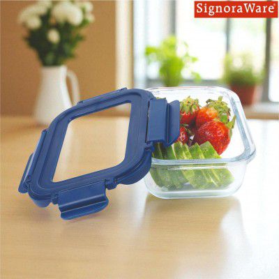 SignoraWare Secure N Store Borosilicate Glass Rectangular Container | Airtight Seal | Microwave Safe | Reheating & Baking | Stylish & Practical | Organized Fridge Storage (640ml | Clear)