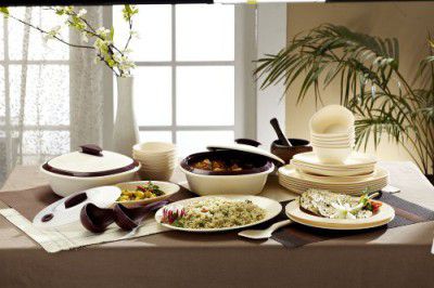 Signoraware Square Dinner Set, 36 Pieces, Off White/Maroon, Plastic