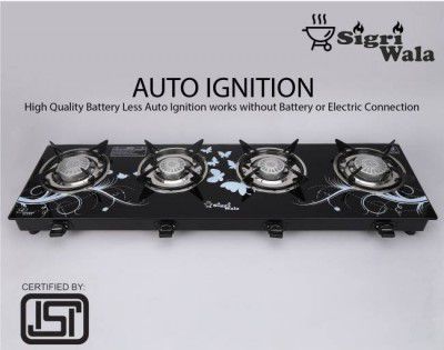 Sigri-wala Surya ISI Certified Toughened Glass Door Step Warranty Tornado Burners Glass Automatic Gas Stove  (4 Burners)