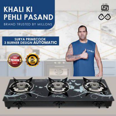 Sigri-wala Surya Primecook Automatic Design Roy Glass Automatic Gas Stove (3 Burners)