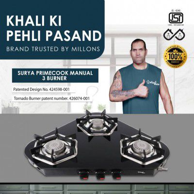 Sigri-wala Surya Primecook Manual Arrow Glass Manual Gas Stove (3 Burners)
