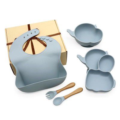 Silicone Baby & Infant Feeding Set (5 Pcs Pack - Bib, Spoon, Fork, Bowl, Plate)