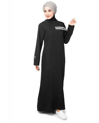 Silk Route Black Contrast Bands Abaya Taslon Sporty Maxi Dress Jilbab