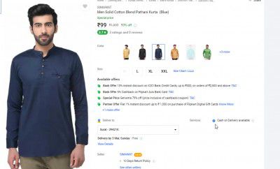 SIMAWAT  Men Solid Cotton Blend Pathani Kurta  (Blue)