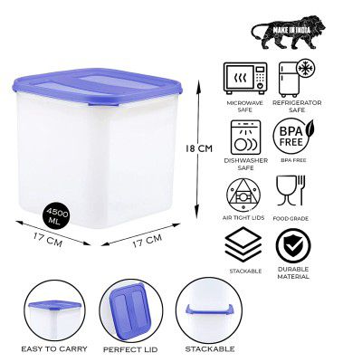SIMPARTE Modular Square Plastic Kitchen Storage Container Set for Rice|Dal|Atta|Flour|Cereals|Pulses|Snacks, BPA Free|Modular Design, 4.5 litres, Mod Blue, Transparent, Medium