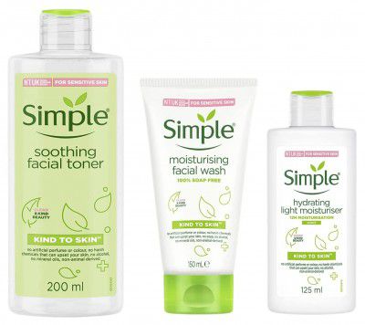 Simple Kind To Skin Soothing Facial Toner &Simple Kind to Skin Hydrating Light Moisturiser&Simple Kind To Skin Moisturising Facial Wash Facewash