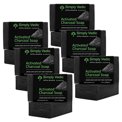 Simply Vedic 6-Pack Detoxifying Activated Charcoal with Mint & Lemongrass Soap Bar For Body, Hand, Face. 100% Vegan Cold Pressed With Coconut Oil, Hand-Made, Gift Set For Men & Women (3.5 Oz. X 6).