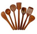 Simran Handicrafts Wooden Serving And Cooking Spoons Wood Brown Spoons Kitchen Utensil Set Of 7 - 8.3 Cm...