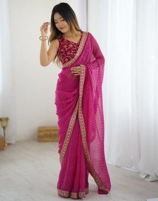 SIRIL Women's Bandhani Printed Embroidery Lace Georgette Saree with Unstitched Blouse Piece