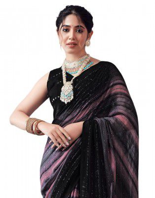 SIRIL Women's Georgette Printed Zari Stripe Saree With Unstitched Blouse Piece