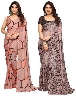 SIRIL Women's Printed Georgette Saree with Unstitched Blouse Piece Combo Pack of 2