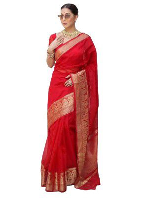SIRIL Women's Zari Patta Organza Saree with Unstitched Blouse Piece