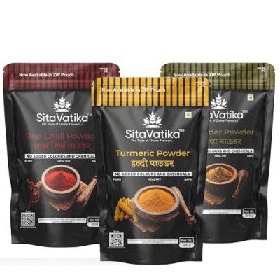 Sitavatika 100% Natural Spices Combo Red Chilli Powder Turmeric Powder Coriander Powder No added colours and Chemical Pack of 3 x 200gm Each