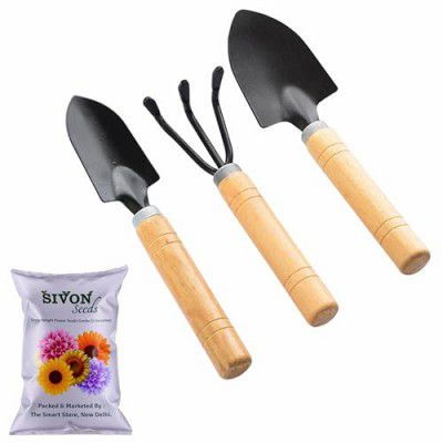 SIVON Gardening Tools Kit-4 Pcs (Cultivator, Small Trowel, Big Trowel,Flower Seeds Packet)|Mini Gardening Tools | Home Gardening Tool Set