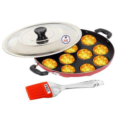Sjeware Non Stick Appam Patra 12 Cavity Stainless Steel Lid and Silicon Brush