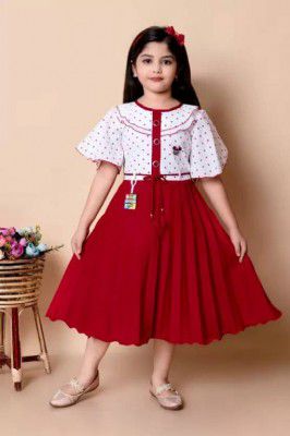 SK JJ DRESSES  Girls Below Knee Festive/Wedding Dress  (Maroon, Half Sleeve)