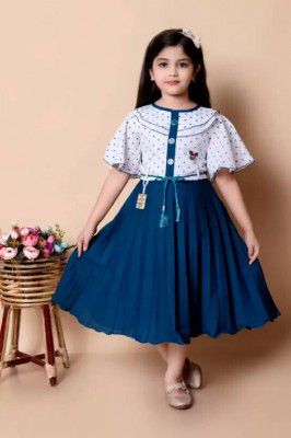 SK JJ DRESSES  Girls Below Knee Festive/Wedding Dress  (Blue, Half Sleeve)