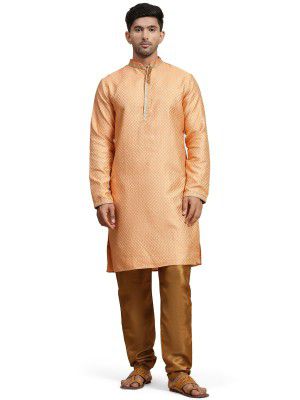 SKAVIJ Men's Brocade Silk Embroidered Kurta Pajama Set Thread Work Festive Party Ethnic Dress