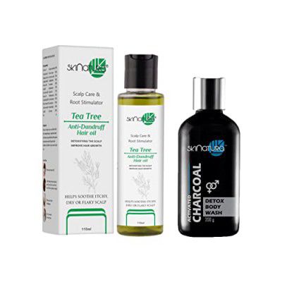 Skinatura Tea Tree Anti-Dandruff Hair Oil (110ml) Scalp Care & Root Stimulator & Activated Charcoal Detox Body Wash | For Body & Face (200g) (Pack of 2)
