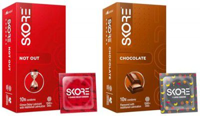 Skore Notout | Climax Delay Condoms | 1500+ Dots  - 10 Pieces | Pack of 1 & Skore Chocolate - 10 Pieces