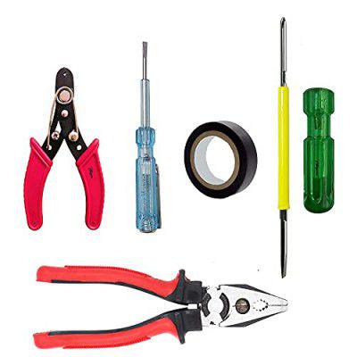 SKY BLUE Enterprises Combo of Plier, 2in1 Screwdriver, Line Tester, Electrical Tape, Wire Cutter Hand Tool Kit - 5 Tools, Multicolor