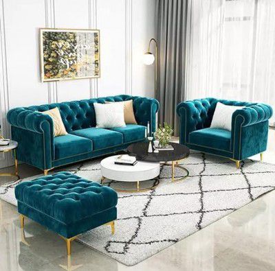 Sky Rise Decor Modern Classic 5 Seater Fabric & Valvet Tufted 3+1+1 Footrest Chesterfield Sofa Living Room and Office (Teal Green)