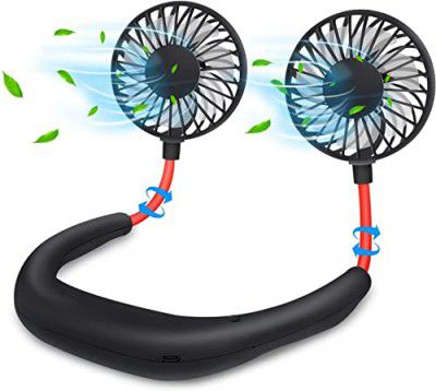SKYPARKLE Hand Free Neck Fan, Rechargeable Mini USB Personal Fan with 360 Rotation, 3 Adjustable Speeds for Home, Sport, Camping, Beach, Travel, Office (Black)