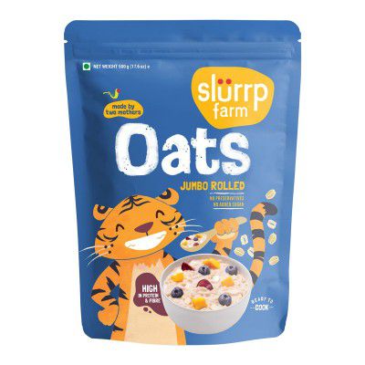 Slurrp Farm Rolled Oats, 100% Natural Wholegrain, High Protein & Fiber, Healthy Food with No Added Sugar, Breakfast Cereal, Healthy Snack, Dalia Porridge, 500g
