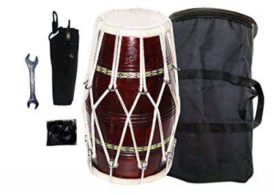 SM SAI MUSICAL Rope Fitting Wooden Dholak (Brown) with Full Kit