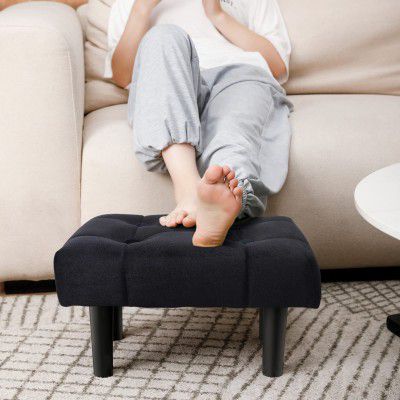 HOUCHICS Small Footstool Ottoman, Velvet Soft Footrest Ottoman with Wood Leg
